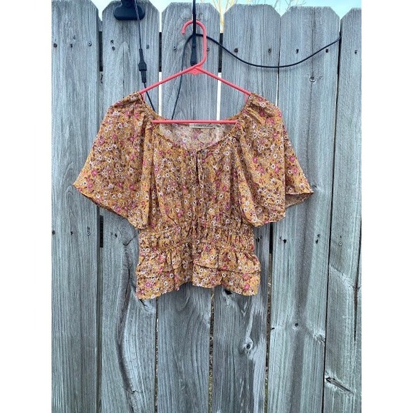 Liberty Love Mustard Yellow Floral Smocked Ruffle Crop Top Small Boho Keyhole - Picture 4 of 6